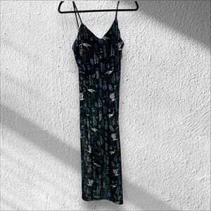FRESHA London Crushed Velvet Maxi Slip Dress Cranes Small Whimsigoth Y2K‎ Print